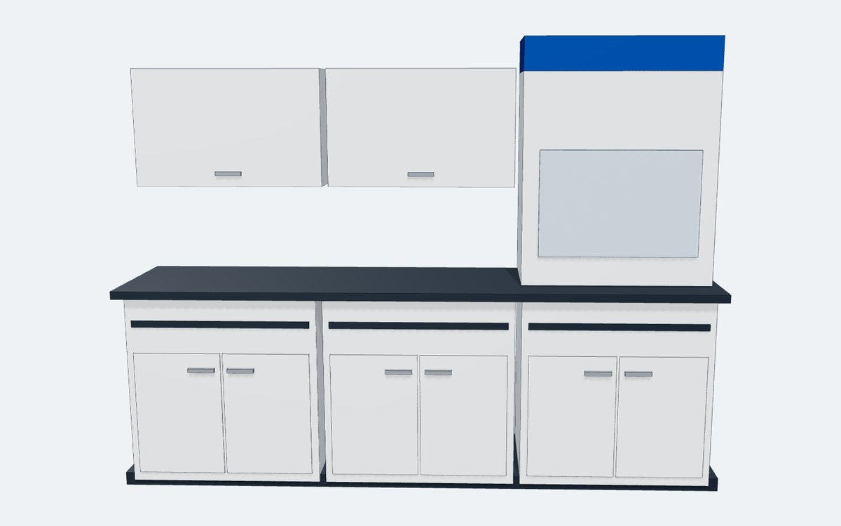 Laboratory casework run with upper cabinets and fume hood